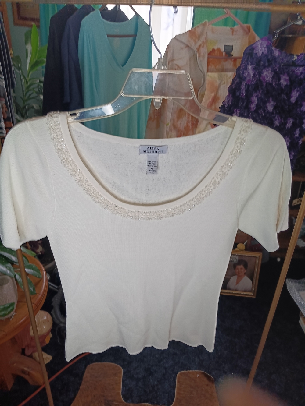 Alisa Michelle Cream Scoop Neck Short Sleeve Top with Beaded Trim